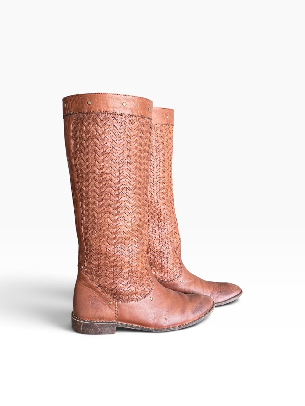 Frye Shirley Woven Brown Leather Knee High Western Riding Boots Studs Coastal 8